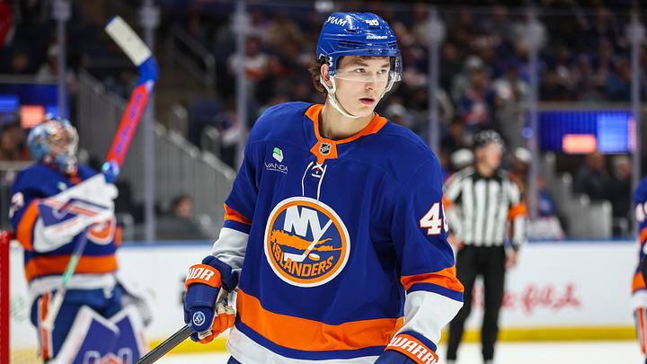 Oct 16, 2025; Elmont, New York, USA;  New York Islanders defenseman Matthew Schaefer (48) at UBS Arena. Mandatory Credit: Wendell Cruz-Imagn Images