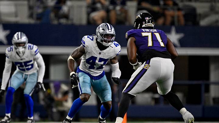 Aug 16, 2025; Arlington, Texas, USA; Dallas Cowboys linebacker Darius Harris (47) and Baltimore Ravens offensive tackle Carson Vinson (71) in action during the game between the Dallas Cowboys and the Baltimore Ravens at AT&T Stadium. Mandatory Credit: Jerome Miron-Imagn Images Aug 16, 2025; Arlington, Texas, USA; Dallas Cowboys linebacker Darius Harris (47) and Baltimore Ravens offensive tackle Carson Vinson (71) in action during the game between the Dallas Cowboys and the Baltimore Ravens at AT&T Stadium. Mandatory Credit: Jerome Miron-Imagn Images