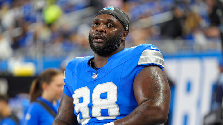 Detroit Lions DJ Reader (98) warms up before the NFL game against the Tennessee Titans at Ford Field in Detroit on Oct. 27, 2024.