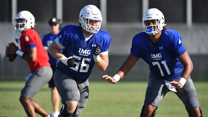 Offensive linemen Breck Kolojay (#66) and Pepe Keenyi (#71) during practice on Friday, Aug. 2, 2024 on IMG Academy Football Media Day in Bradenton, Florida.