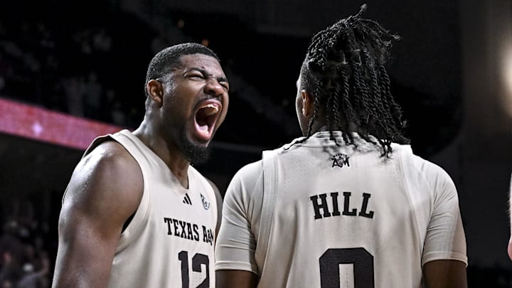Feb 18, 2026; College Station, Texas, USA; Texas A&M Aggies forward Rashaun Agee (12) reacts after getting fouled during the second half against the Ole Miss Rebels at Reed Arena. Mandatory Credit: Maria Lysaker-Imagn Images 