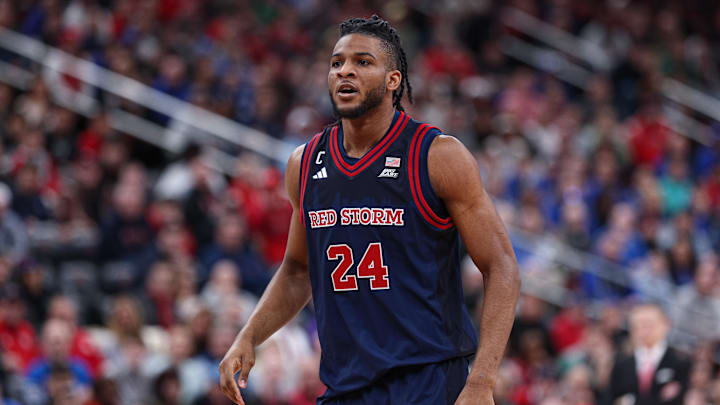 Mar 6, 2026; Newark, New Jersey, USA; St. John's basketball forward Zuby Ejiofor (24) looks on during the first half against the Seton Hall Pirates at Prudential Center.