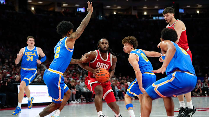 Ohio State Buckeyes guard Bruce Thornton (2) drives the ball to the basket in the first half at Value City Arena on Saturday, Jan. 17, 2026 in Columbus, Ohio.