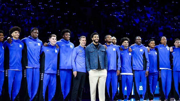 Oct 3, 2025; Durham, NC, USA;  Jayson Tatum, NBA Boston Celtics Player helps coach alongside Duke Blue Devils head coach Jon Scheyer during the Countdown to Craziness at the Cameron Indoor Stadium. Mandatory Credit: Jaylynn Nash-Imagn Images