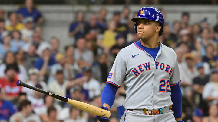 Aug 10, 2025; Milwaukee, Wisconsin, USA; New York Mets right fielder Juan Soto (22) draws a walk in the ninth inning against the Milwaukee Brewers at American Family Field. Mandatory Credit: Benny Sieu-Imagn Images