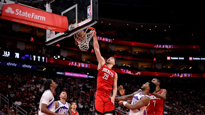 Apr 3, 2026; Houston, Texas, USA; Houston Rockets center Alperen Sengun (28) dunks against the Utah Jazz during the third quarter at Toyota Center. Mandatory Credit: Erik Williams-Imagn Images Apr 3, 2026; Houston, Texas, USA; Houston Rockets center Alperen Sengun (28) dunks against the Utah Jazz during the third quarter at Toyota Center. Mandatory Credit: Erik Williams-Imagn Images
