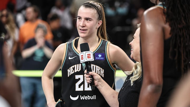 Sep 24, 2024; Brooklyn, New York, USA; New York Liberty guard Sabrina Ionescu (20) is interviewed after defeating the Atlanta Dream 91-82 in game two of the first round of the 2024 WNBA Playoffs at Barclays Center. Mandatory Credit: Wendell Cruz-Imagn Images