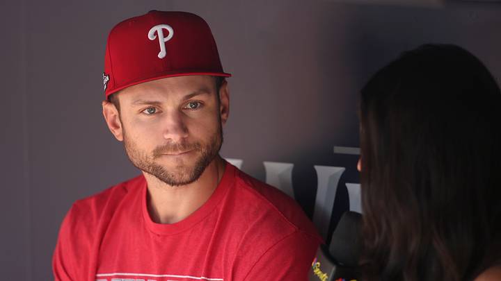 Sep 30, 2026; Cumberland, Georgia, USA;  Philadelphia Phillies shortstop Trea Turner (7) is interviewed in the dugout prior to game two of the Wildcard round against the Atlanta Braves in the 2026 MLB Playoffs at Truist Park.  Mandatory Credit: Brett Davis-Imagn Images