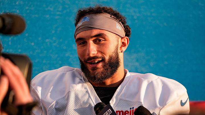 Detroit Lions defensive end Eric O'Neill (66) talks to media members after practice during training camp at Meijer Performance Center in Allen Park on Monday August 17, 2026.