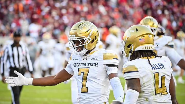 Oct 17, 2026; Blacksburg, Virginia, USA; Georgia Tech Yellow Jackets wide receiver Dalen Penson (7) celebrates a touchdown during the third quarter against the Virginia Tech Hokies at Lane Stadium. Mandatory Credit: Brian Bishop-Imagn Images Oct 17, 2026; Blacksburg, Virginia, USA; Georgia Tech Yellow Jackets wide receiver Dalen Penson (7) celebrates a touchdown during the third quarter against the Virginia Tech Hokies at Lane Stadium. Mandatory Credit: Brian Bishop-Imagn Images