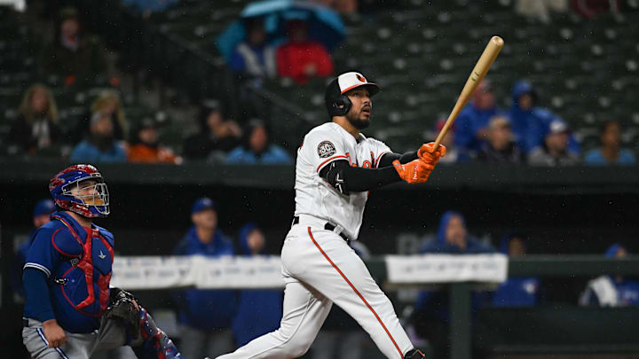 Oct 3, 2022; Baltimore, Maryland, USA; Baltimore Orioles right fielder Anthony Santander (25) hits against the Toronto Blue Jays in October of 2022