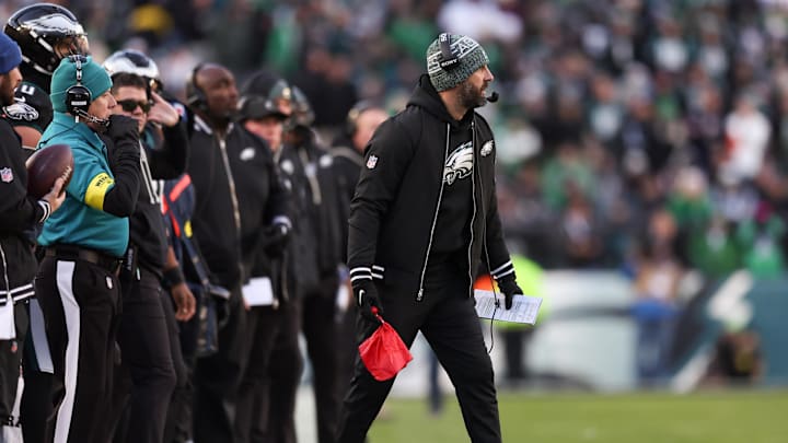 Nov 28, 2025; Philadelphia, Pennsylvania, USA; Philadelphia Eagles head coach Nick Sirianni holds onto the challenge flag during the first quarter of the game against the Chicago Bears at Lincoln Financial Field. Mandatory Credit: Bill Streicher-Imagn Images