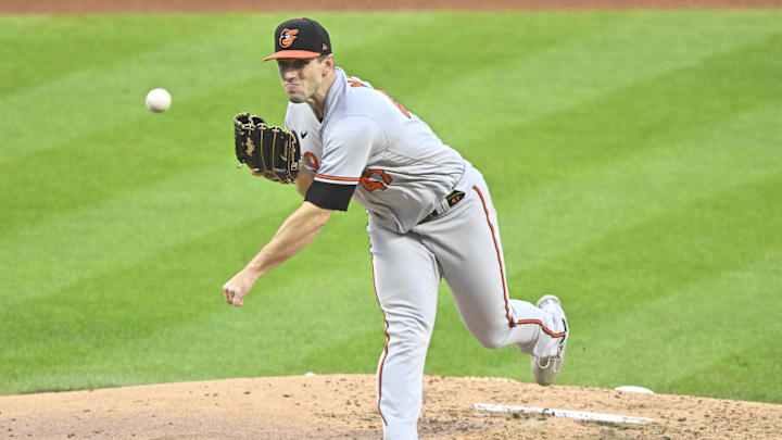 Sep 23, 2023; Cleveland, Ohio, USA; Baltimore Orioles starting pitcher John Means (47) delivers a pitch in the third inning against the Cleveland Guardians at Progressive Field. Sep 23, 2023; Cleveland, Ohio, USA; Baltimore Orioles starting pitcher John Means (47) delivers a pitch in the third inning against the Cleveland Guardians at Progressive Field.