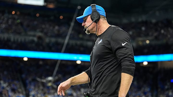 Detroit Lions head coach Dan Campbell walks along the sideline before a play against Green Bay Packers during the first half at Ford Field in Detroit.