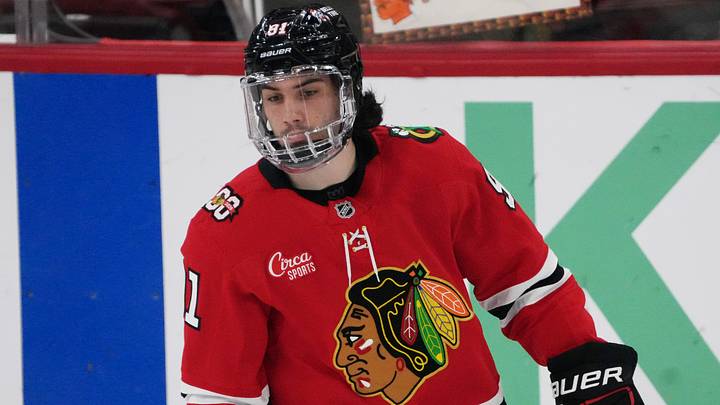 Apr 15, 2026; Chicago, Illinois, USA; Chicago Blackhawks center Frank Nazar (91) warms up before a game against San Jose Sharks at the United Center. Mandatory Credit: David Banks-Imagn Images