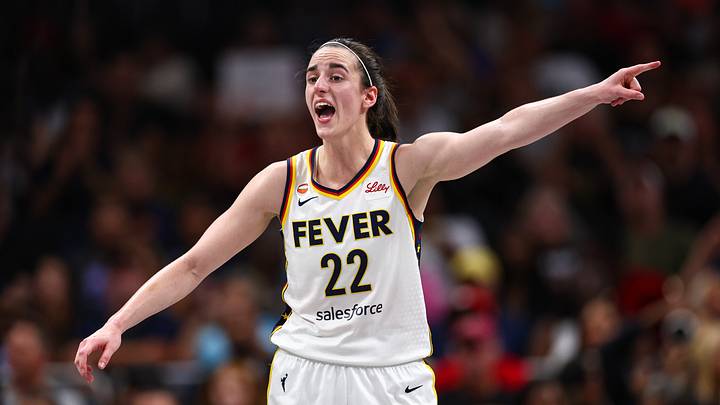 Aug 16, 2026; Atlanta, Georgia, USA; Indiana Fever guard Caitlin Clark (22) reacts against the Atlanta Dream during the second quarter at State Farm Arena. Mandatory Credit: Colin Hubbard-Imagn Images
