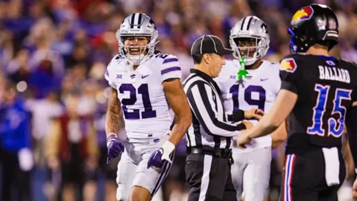 Marques Sigle on the field during Kansas State's game against Kansas on Nov. 18, 2023 in Lawrence, Kansas at David Booth Kansas Memorial Stadium. Mandatory Credit: K-State Athletics