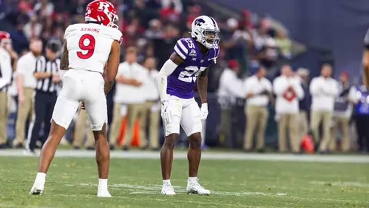 Kansas State's Zashon Rich (25) lines up in coverage against Rutgers' Ian Strong (9) during the 2024 Rate Bowl on Thursday Dec. 26, 2024 in Phoenix, Ariz. at Chase Field. Mandatory Credit: K-State Athletics. Kansas State's Zashon Rich (25) lines up in coverage against Rutgers' Ian Strong (9) during the 2024 Rate Bowl on Thursday Dec. 26, 2024 in Phoenix, Ariz. at Chase Field. Mandatory Credit: K-State Athletics.
