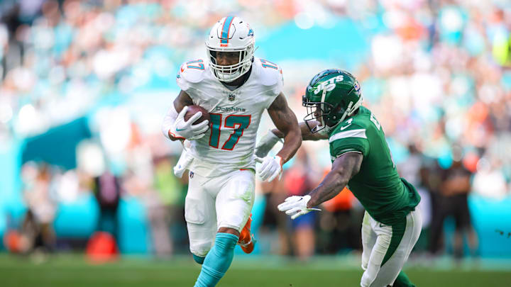 Dec 17, 2023; Miami Gardens, Florida, USA; Miami Dolphins wide receiver Jaylen Waddle (17) runs with