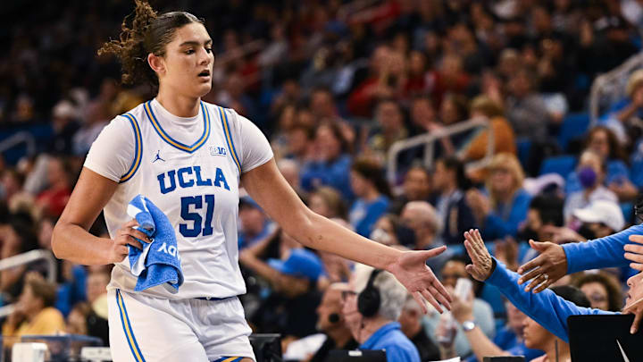 Dec 29, 2024; Los Angeles, California, USA; UCLA Bruins center Lauren Betts (51) heads to the bench during the fourth quarter against the Nebraska Cornhuskers at Pauley Pavilion presented by Wescom. Mandatory Credit: Robert Hanashiro-Imagn Images