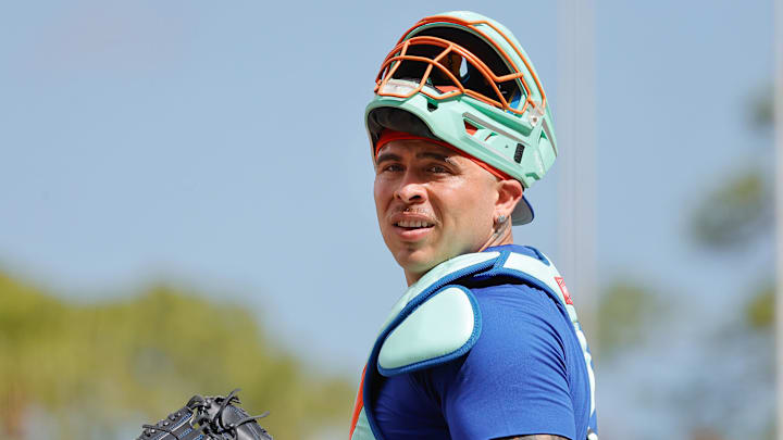 Feb 17, 2026; Port St. Lucie, FL, USA;  New York Mets catcher Francisco Alvarez (4) waits to catch batting practice during the New York Mets spring training workouts at Clover Park. Mandatory Credit: Reinhold Matay-Imagn Images