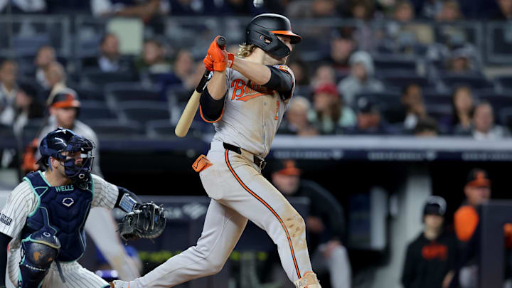 Sep 25, 2024; Bronx, New York, USA; Baltimore Orioles shortstop Gunnar Henderson (2) follows through on a two run single against the New York Yankees during the fourth inning at Yankee Stadium. Sep 25, 2024; Bronx, New York, USA; Baltimore Orioles shortstop Gunnar Henderson (2) follows through on a two run single against the New York Yankees during the fourth inning at Yankee Stadium.