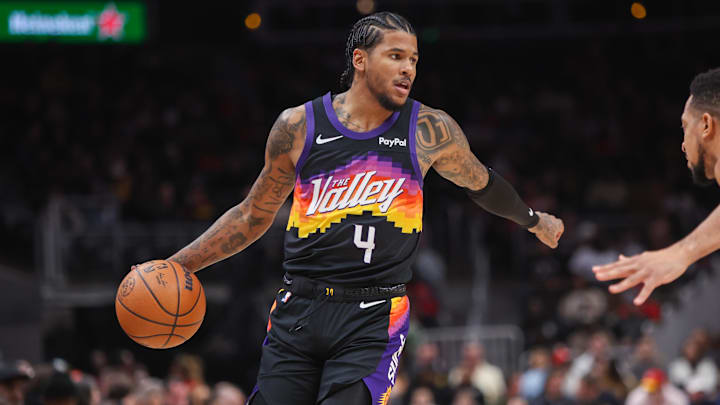 Jan 23, 2026; Atlanta, Georgia, USA; Phoenix Suns guard Jalen Green (4) dribbles against the Atlanta Hawks in the first quarter at State Farm Arena. Mandatory Credit: Brett Davis-Imagn Images
Jan 23, 2026; Atlanta, Georgia, USA; Phoenix Suns guard Jalen Green (4) dribbles against the Atlanta Hawks in the first quarter at State Farm Arena. Mandatory Credit: Brett Davis-Imagn Images