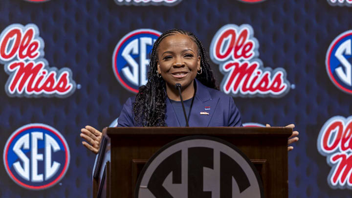 Oct 16, 2024; Birmingham, AL, USA; Ole Miss Rebels head coach Yolett McPhee-McCuin talks with the media during SEC Media Days at Grand Bohemian Hotel. Mandatory Credit: Vasha Hunt-Imagn Images