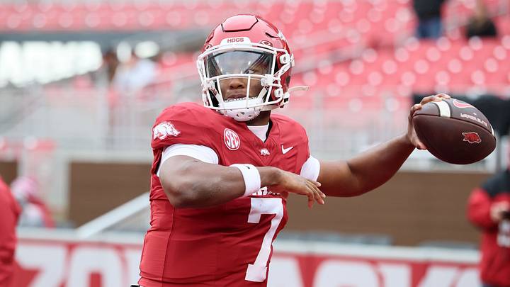 Nov 29, 2025; Fayetteville, Arkansas, USA; Arkansas Razorbacks quarterback KJ Jackson (7) warms up prior to a game against the Missouri Tigers at Donald W. Reynolds Razorback Stadium. Mandatory Credit: Nelson Chenault-Imagn Images