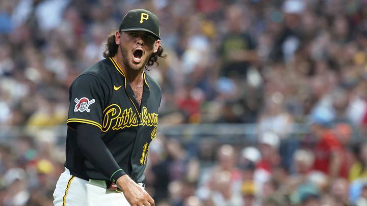 Aug 15, 2026; Pittsburgh, Pennsylvania, USA; Pittsburgh Pirates starting pitcher Jared Jones (17) reacts after striking out Boston Red Sox catcher Adley Rutschman (not pictured) to end the third inning at PNC Park. Mandatory Credit: Charles LeClaire-Imagn Images Aug 15, 2026; Pittsburgh, Pennsylvania, USA; Pittsburgh Pirates starting pitcher Jared Jones (17) reacts after striking out Boston Red Sox catcher Adley Rutschman (not pictured) to end the third inning at PNC Park. Mandatory Credit: Charles LeClaire-Imagn Images