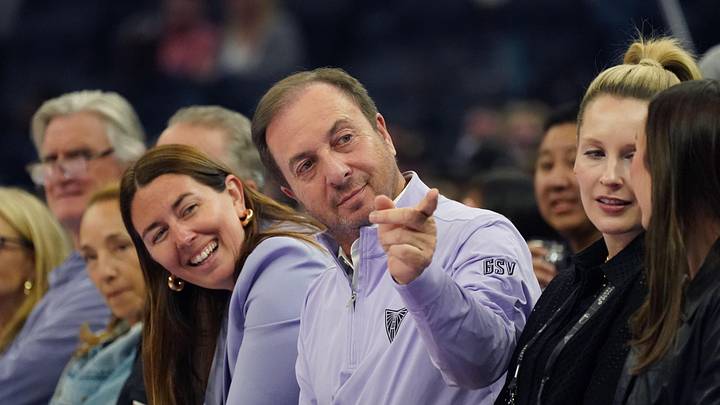 San Francisco, California, USA;  Golden State Valkyries president Jess Smith and owner Joe Lacob watch the action against the Washington Mystics in the first quarter at Chase Center. Mandatory Credit: David Gonzales-Imagn Images