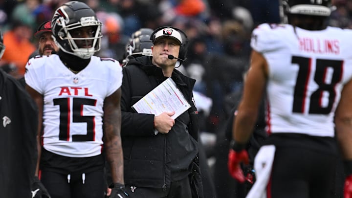 Dec 31, 2023; Chicago, Illinois, USA;  Atlanta Falcons head coach Arthur Smith looks up at the