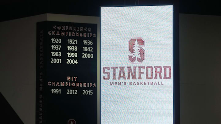 Feb 28, 2026; Stanford, California, USA; A message board displays the Stanford Cardinal logo with basketball accomplishments listed on the wall before the game against the Southern Methodist University Mustangs at Maples Pavilion. Mandatory Credit: Darren Yamashita-Imagn Images