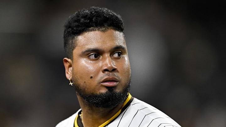 San Diego Padres first baseman Luis Arraez (4) waits during a pitching change in the fifth inning against the Colorado Rockies at Petco Park on Thursday.