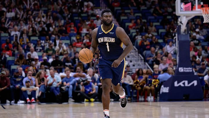 Nov 6, 2024; New Orleans, Louisiana, USA;  New Orleans Pelicans forward Zion Williamson (1) dribbles against the Cleveland Cavaliers during the first half at Smoothie King Center. 
