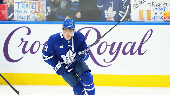 Oct 12, 2024; Toronto, Ontario, CAN; Toronto Maple Leafs center Max Domi (11) skates during the warmup before a game against the Pittsburgh Penguins at Scotiabank Arena. Mandatory Credit: Nick Turchiaro-Imagn Images