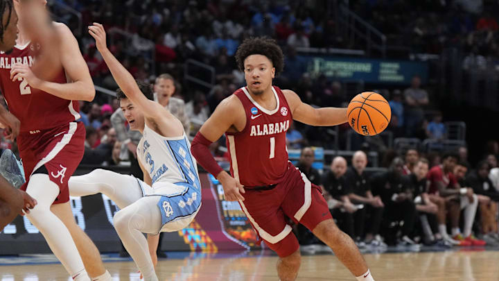 Mar 28, 2024; Los Angeles, CA, USA; Alabama Crimson Tide guard Mark Sears (1) controls the ball