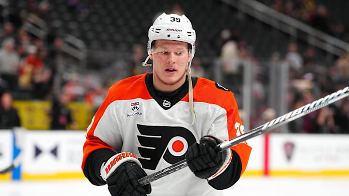 Jan 19, 2026; Las Vegas, Nevada, USA; Philadelphia Flyers right wing Matvei Michkov (39) warms up before a game against the Vegas Golden Knights at T-Mobile Arena. Mandatory Credit: Stephen R. Sylvanie-Imagn Images