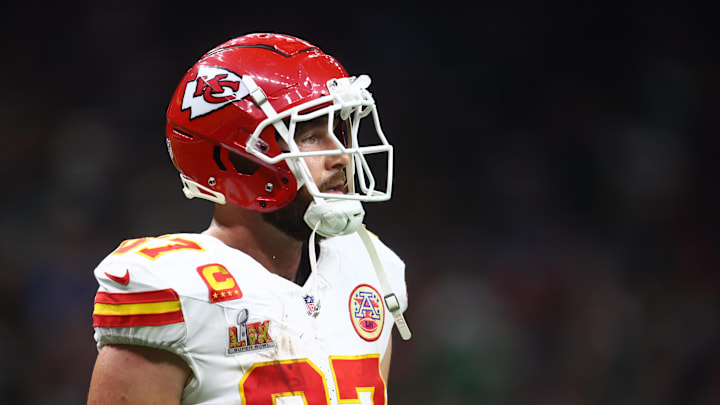 Feb 9, 2025; New Orleans, LA, USA;  Kansas City Chiefs tight end Travis Kelce (87) reacts in the fourth quarter against the Philadelphia Eagles in Super Bowl LIX at Ceasars Superdome. Mandatory Credit: Mark J. Rebilas-Imagn Images