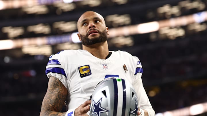 Dec 14, 2025; Arlington, Texas, USA; Dallas Cowboys quarterback Dak Prescott (4) before a game against the Minnesota Vikings at AT&T Stadium. Dec 14, 2025; Arlington, Texas, USA; Dallas Cowboys quarterback Dak Prescott (4) before a game against the Minnesota Vikings at AT&T Stadium.