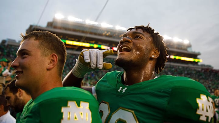 Notre Dame defensive lineman Bryce Young, right, celebrates after winning a NCAA college football game 31-24 between Notre Dame and Louisville at Notre Dame Stadium on Saturday, Sept. 28, 2024, in South Bend.