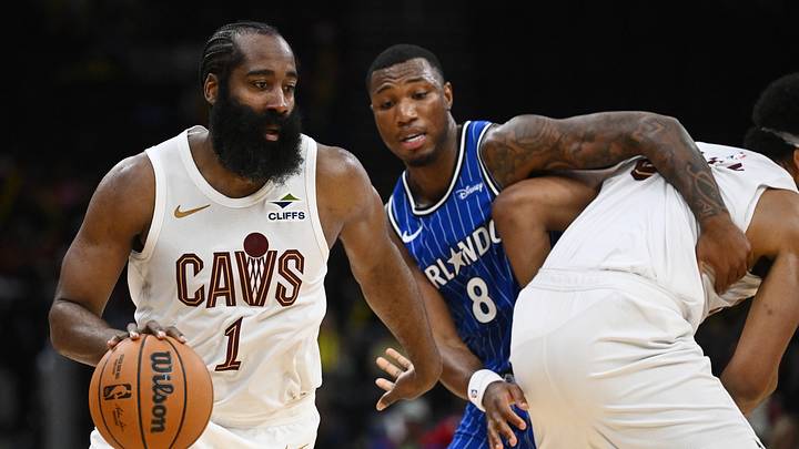 Oct 11, 2026; Cleveland, Ohio, USA; Cleveland Cavaliers guard James Harden (1) drives to the basket against against the Orlando Magic during the second half at Rocket Arena. Mandatory Credit: Ken Blaze-Imagn Images