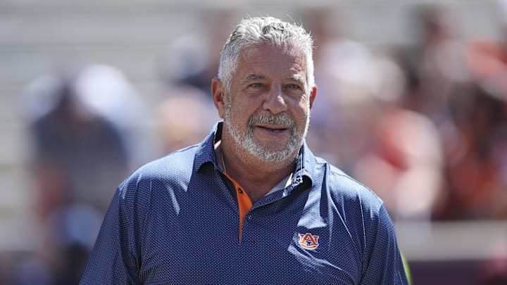 Sep 27, 2025; College Station, Texas, USA; Auburn Tigers former mens basketball head coach Bruce Pearl walks on the field before the game against the Texas A&M Aggies at Kyle Field. Mandatory Credit: Troy Taormina-Imagn Images