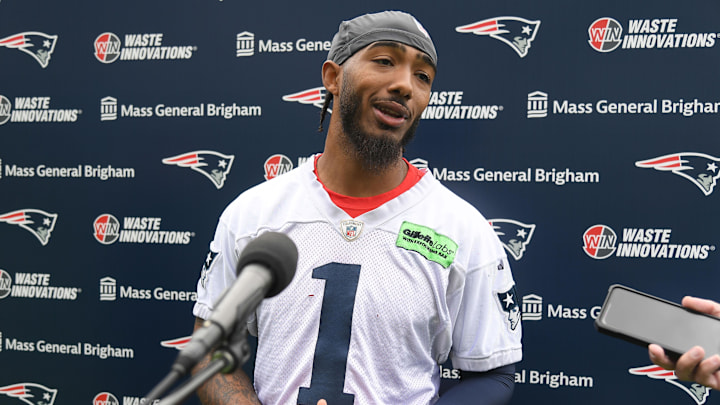 May 11, 2024; Foxborough, MA, USA; New England Patriots wide receiver Ja'Lynn Polk (1) speaks to the media after practice at the New England Patriots rookie camp at Gillette Stadium.  Mandatory Credit: Eric Canha-USA TODAY Sports
