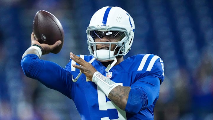 Indianapolis Colts quarterback Anthony Richardson (5) throws the ball during pregame warm-up Sunday, Nov. 10, 2024, ahead of a game against the Buffalo Bills at Lucas Oil Stadium in Indianapolis.