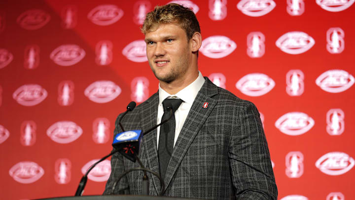 Jul 22, 2025; Charlotte, NC, USA; Stanford tight end Sam Roush answers questions from the media during ACC Media Days at Hilton Charlotte Uptown. Mandatory Credit: Jim Dedmon-Imagn Images