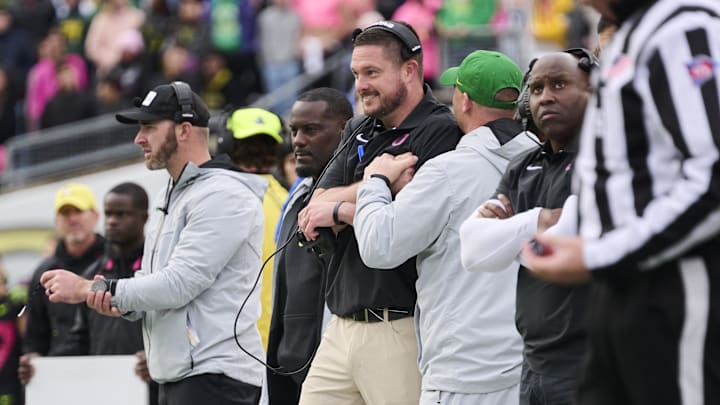 Oct 22, 2022; Eugene, Oregon, USA; Oregon Ducks head coach Dan Lanning celebrates on the sidelines during the second half against the UCLA Bruins at Autzen Stadium. The Ducks won the game 45-30. Mandatory Credit: Troy Wayrynen-Imagn Images