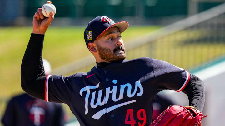 Pitcher Pablo Lopez takes part in live batting practice during the Minnesota Twins first full-squad workout of spring training at Lee Health Sports Complex in Fort Myers, Fla., on Monday, Feb. 16, 2026.