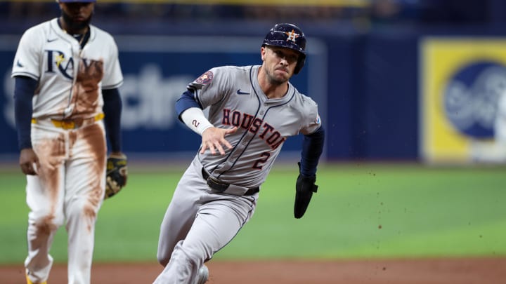 Houston Astros third baseman Alex Bregman (2) rounds third base to score a run against the Tampa Bay Rays in the third inning at Tropicana Field on Aug 13. Houston Astros third baseman Alex Bregman (2) rounds third base to score a run against the Tampa Bay Rays in the third inning at Tropicana Field on Aug 13.