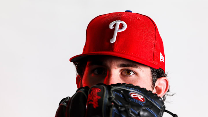 Feb 23, 2023; Clearwater, FL, USA; Philadelphia Phillies pitcher Andrew Painter (76) during photo day at BayCare Ballpark. 